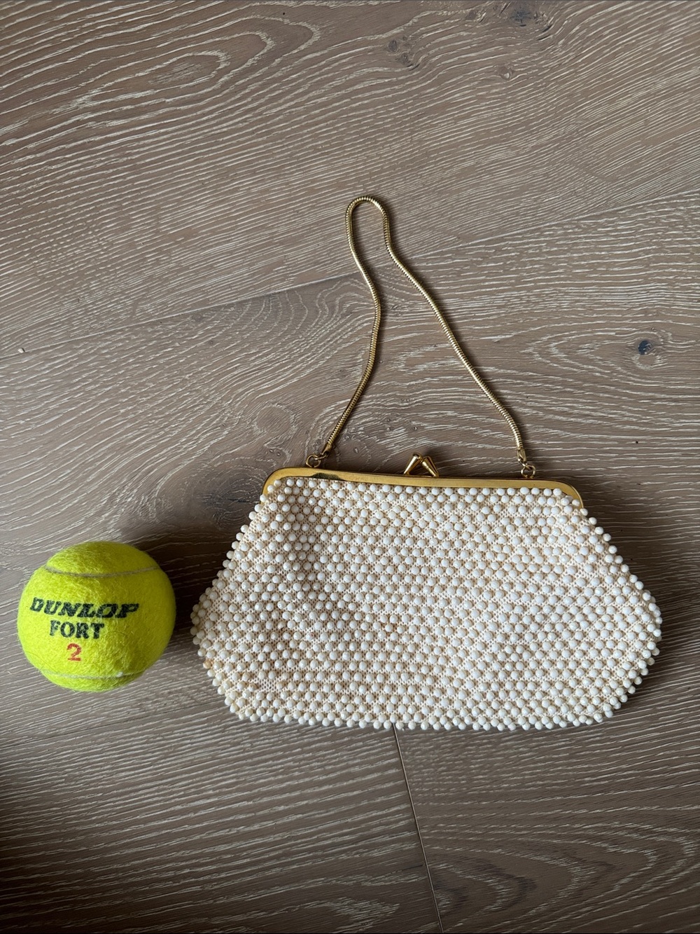 Beaded Cream Evening Clutch with Gold Chain Strap